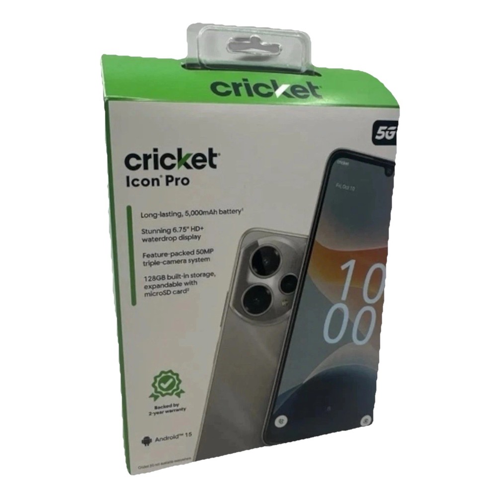 Cricket Icon Pro 5G Android 15 6.75″ HD 50MP Triple Camera 128GB Gray Smartphone