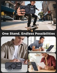 Carbon Fiber Phone Case for iPhone 17, Black, 360° Magnetic Stand, Military Grad