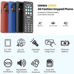 Unlocked 4G LTE Mobile Dual SIM Big Speaker Phone SOS Keyboard Torch UNIWA V2000
