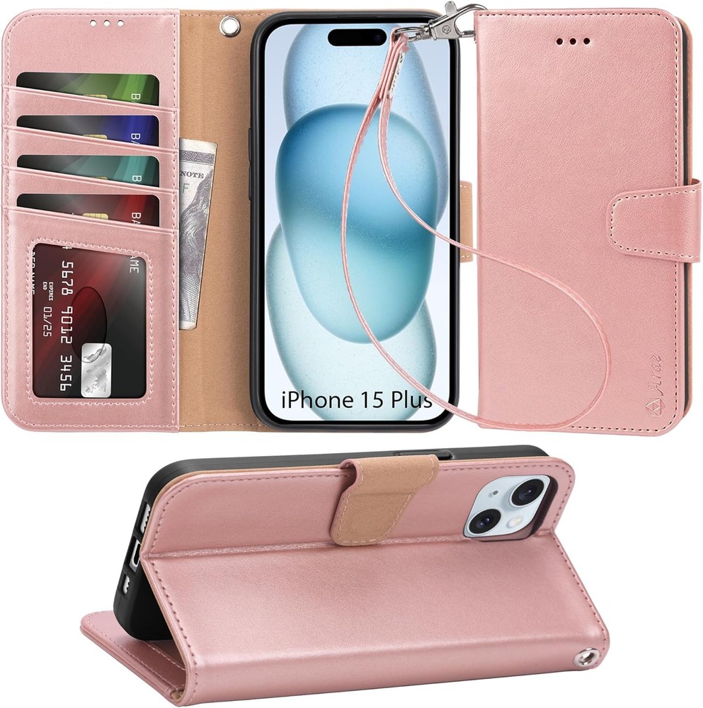 iPhone 15 Plus Case with Card Holder and Wrist Strap Wallet Flip Cover, Rose Gol