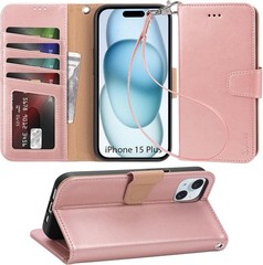 iPhone 15 Plus Case with Card Holder and Wrist Strap Wallet Flip Cover, Rose Gol