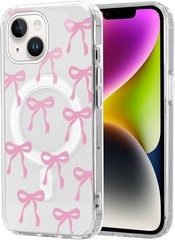 Cute Bow Case Magnetic for iPhone 14 / iPhone 13 6.1” Aesthetic Clear Case Pink