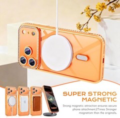 iPhone 15 Case with Magnetic Glitter Diamond, Rhinestone Lens Protector, Gold Sl