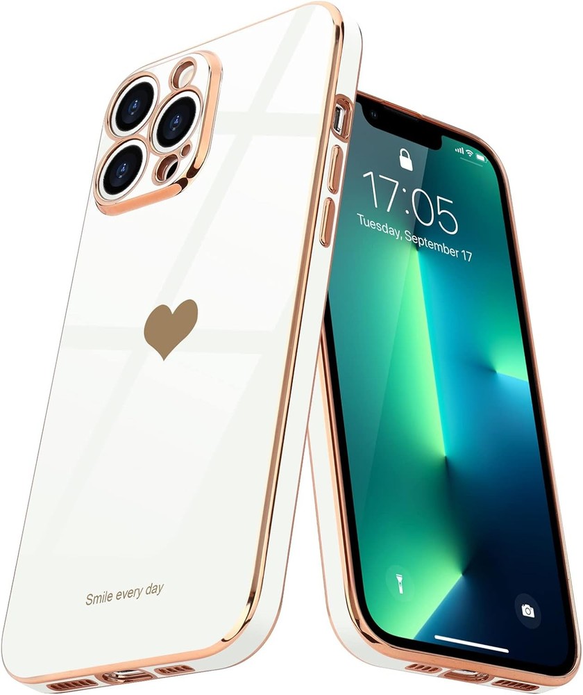 iPhone 13 Pro Max Case for Women Girl Cute Love-Heart Luxury Bling Plating White