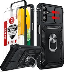 Samsung Galaxy A13-5G Phone Case with [2 Pcs] Tempered Glass & Kickstand, Black
