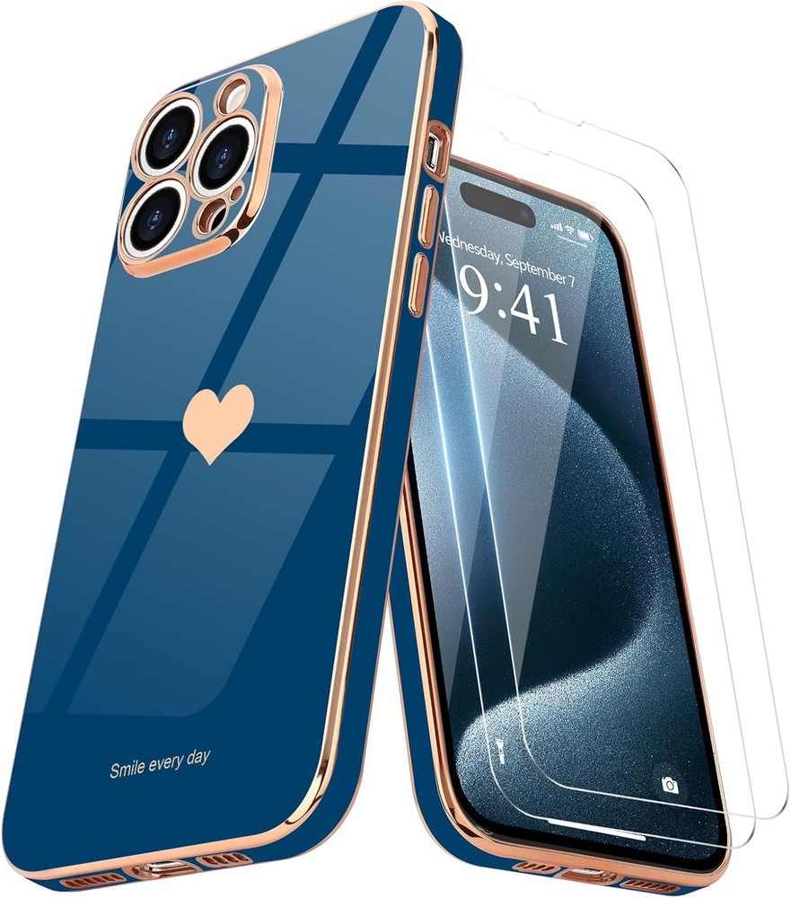 iPhone 15 Pro Case for Girl Women Cute Luxury Gold, Royal Blue with Screen Prote