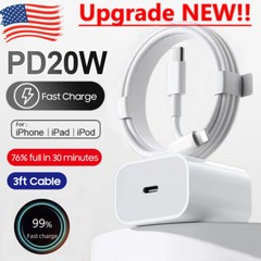 20W PD Wall Adapter Fast Power Charger USB-C 3ft Cable for iphone 14 13 12 11 10