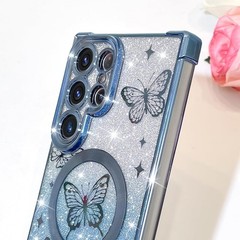 Magnetic Case for Samsung Galaxy S26 Ultra Cute Blue Butterfly Pattern Glitter P