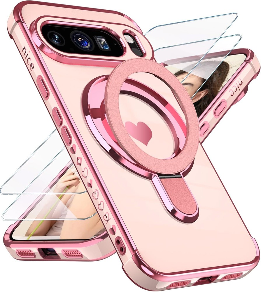 Google Pixel 10/10 Pro Love Heart Kickstand Case with 2X Screen Protector Pink