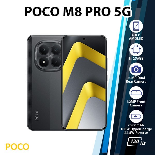 Xiaomi POCO M8 Pro 5G Android Cell Phone (8GB+256GB/BLACK/Dual SIM/Unlocked)