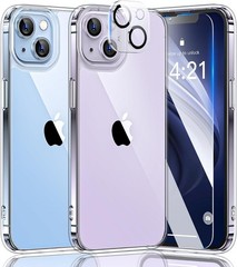 5 in 1 for iPhone 14 Case Crystal Clear with 2X Screen Protector + 2X Camera Len