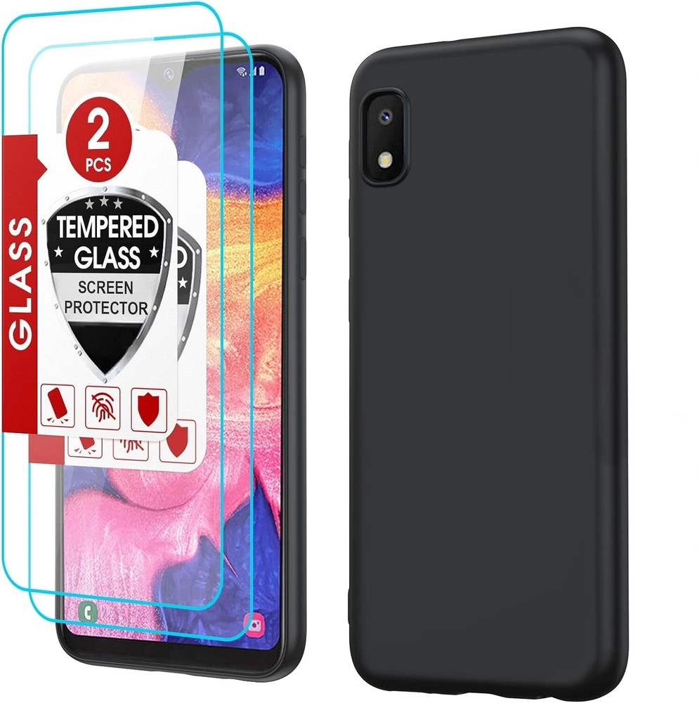 For Galaxy a10e case with tempered glass protector, thin Rubber, Polymer- Black