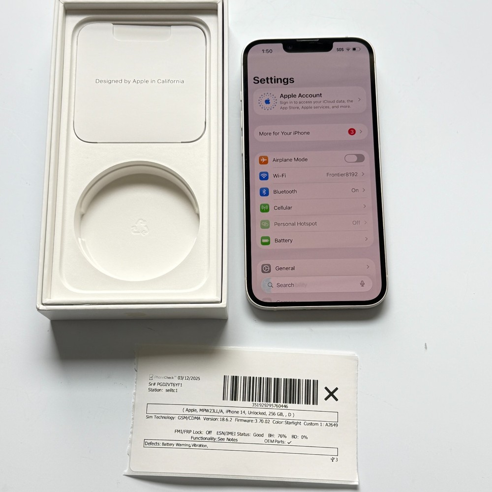 Apple iPhone 14 256 GB Starlight (Unlocked) For Repair – Mint w/ Vibrate Issue