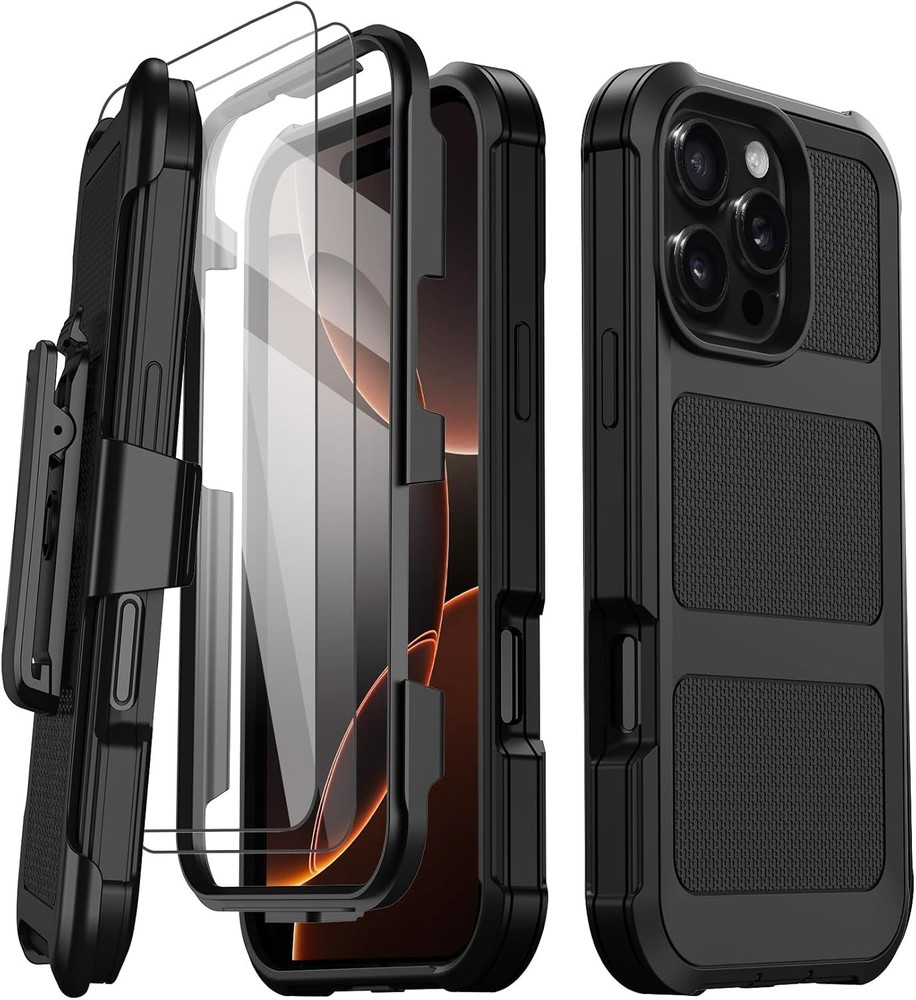 iPhone 16 Pro Max Case with 2X Screen Protector + Kickstand & Belt Clip Holster