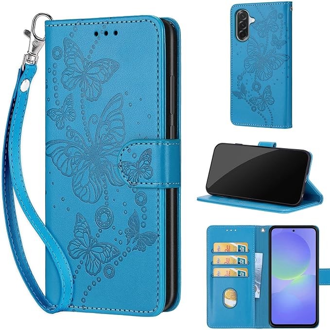 Wallet Case for Samsung Galaxy A37 5G, Blue Butterfly Flip Folio with Card Slots
