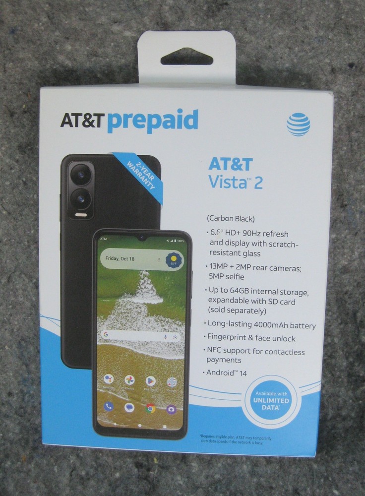 AT&T Prepaid Smartphone Vista 2 Carbon Black 64GB 13MP 6.6″ HD+ Display – NEW