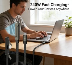 240W Fast Charging USB C to USB C Cable 5FT, Flat Right Angle Cord, Black