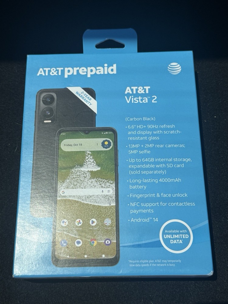 AT&T Vista 2, 6.6”HD NFC Carbon Black Prepaid Phone Sealed