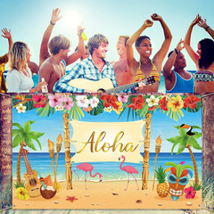 Hawaiian Aloha Party Decoration, Extra Large Summer Luau Beach Banner Backdrop B