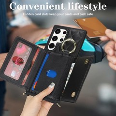 Cute Phone Wallet Case for Galaxy S24 Ultra 6.8 inch, Strap & Card Holder – Blac