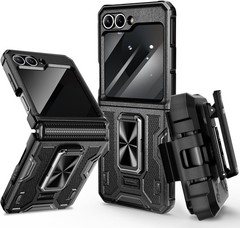 Galaxy Z Flip 6 Case, 360° Rotatable Ring Kickstand & Belt Clip Holster – Black