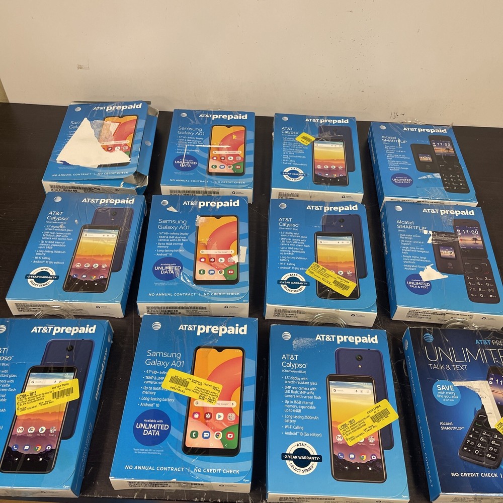 Lot Of 12 AT&T Prepaid Phones Samsung A01 Calypso Alcatel *NOT TESTED AS IS*