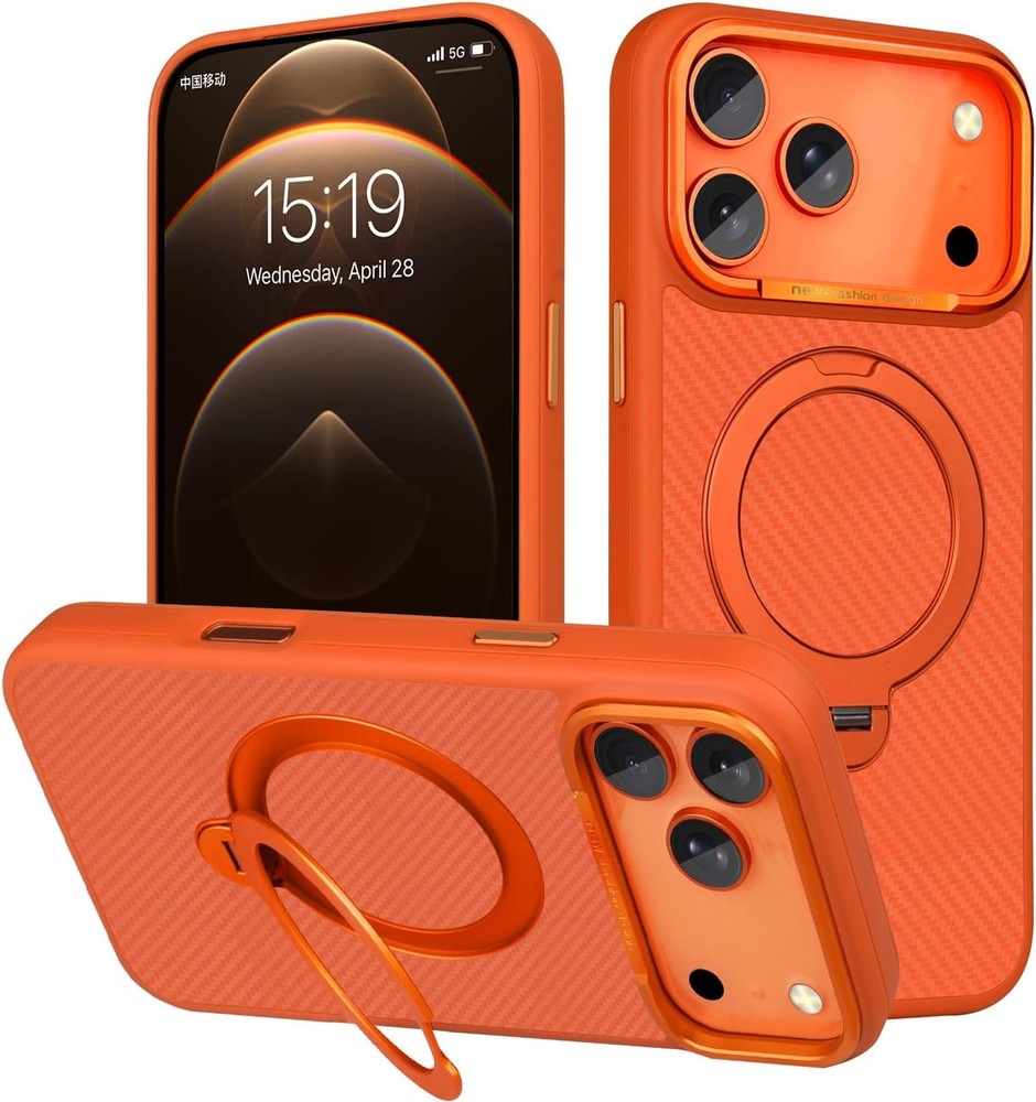 iPhone 17 Pro Case with 360° Magnetic Stand, Carbon Fiber Phone Case, Slim Thin