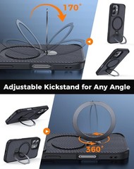 Carbon Fiber Phone Case for iPhone 17, Black, 360° Magnetic Stand, Military Grad
