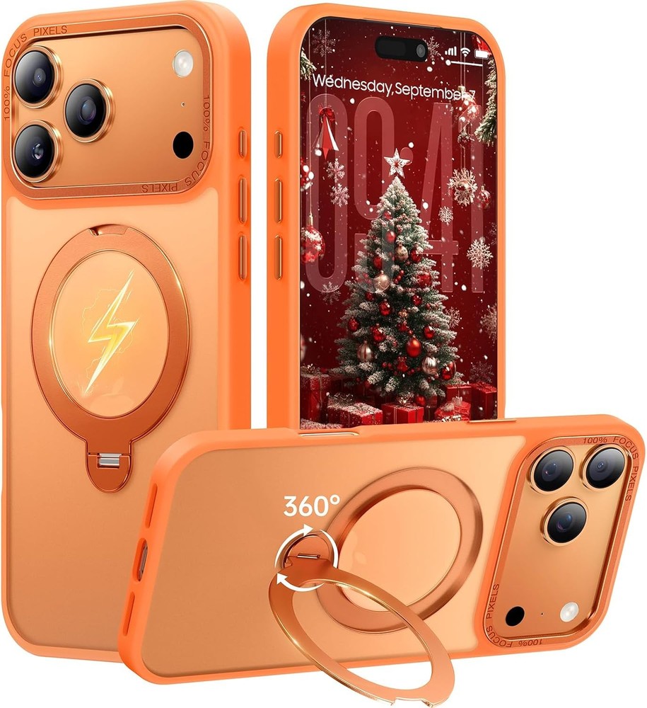 360° Spin Magnetic Stand for iPhone 17 Pro Max Case, Mil-STD Protective Orange