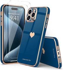 iPhone 15 Pro Case for Girl Women Cute Luxury Gold, Royal Blue with Screen Prote