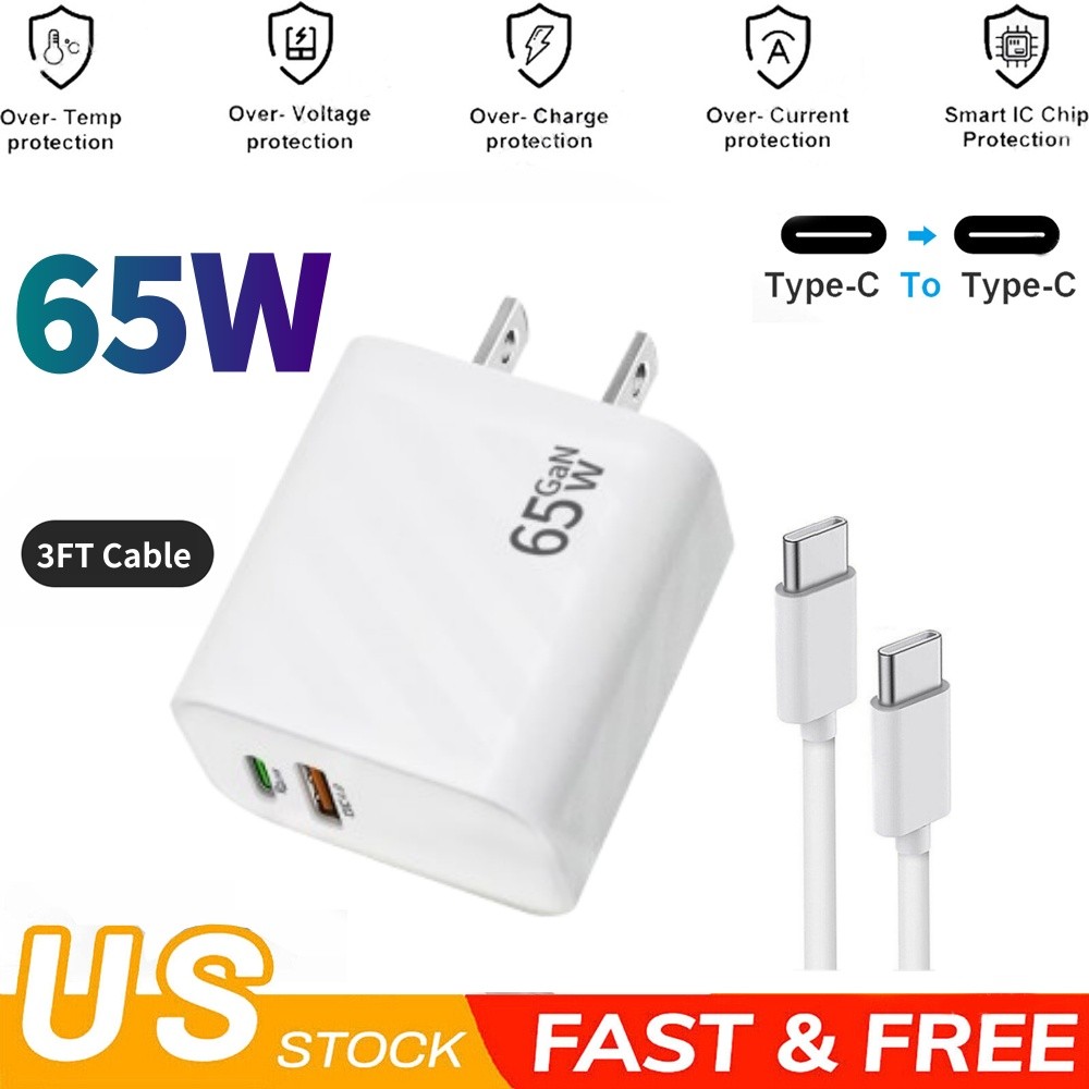Super 65W PD Power Adapter Duo Wall Charger+Cables For Samsung S23 S22 S21 ULTRA