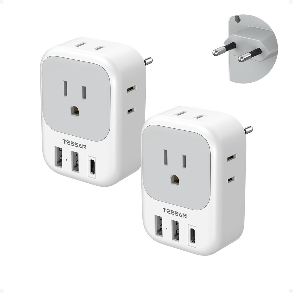 USB C Adapter 2 Pack, 4 Outlets European Plug, US to Europe Charger with 3 USB P