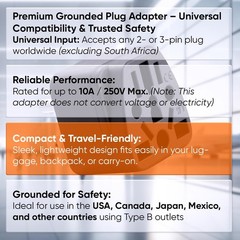 US Travel Plug Adapter, EU, AU, UK, NZ, CN to USA (Type B), Grounded 3 Prong Plu