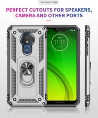 For Motorola Moto G7 Power Case 360 Metal Rotating Ring Kickstand Cover Silver