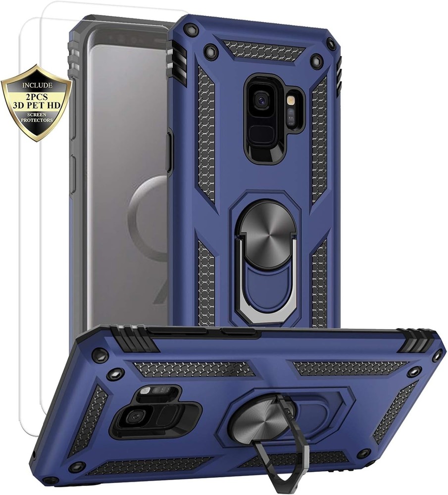 Shockproof Blue Case for Samsung Galaxy S9 with Metal Ring Holder & Screen Prote