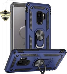 Shockproof Blue Case for Samsung Galaxy S9 with Metal Ring Holder & Screen Prote