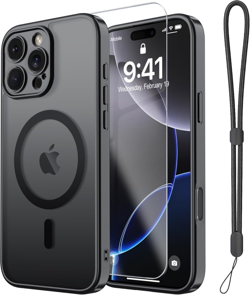 Magnetic for iPhone 15 Pro Max Case with Screen Protector and Wrist Strap, Black