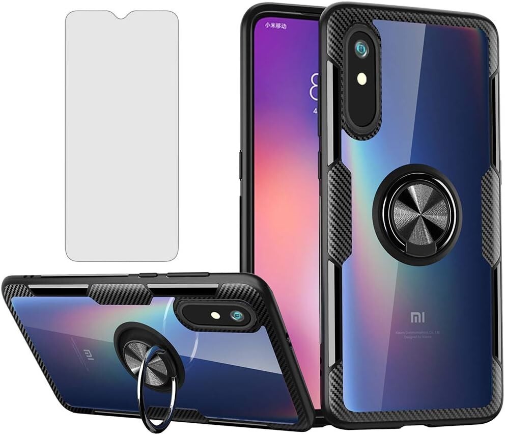 For Xiaomi Redmi Note 9A Case with Tempered Glass Magnetic Stand, Ring Black