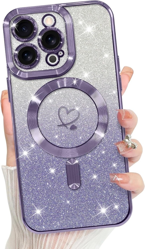 iPhone 14 Pro Max Case Support for Plating Heart Glitter Magnetic Case – Purple