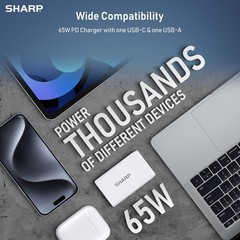 USB C Charger, 65W, 2 Port (USB A+C), Compact Foldable GaN Fast Charge – White