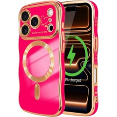 iPhone 17 Pro Max Case for Women Girls Cute Curly Wave Shape, Hot Pink Shockproo