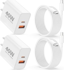 40W Dual Port USB-C Fast Wall Charger 2-Pack with 6FT Cable for iPhone 16/17