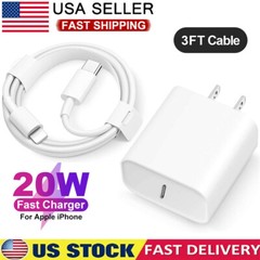20W PD USB-C Fast Wall Charger Adapter Power 3ft Cable for iphone14 13 12 11 NB