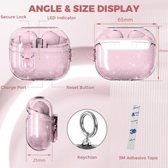 Samsung Galaxy Bud 3 Pro Case Clear Lock Clip with Cleaner Kit, Glitter Pink