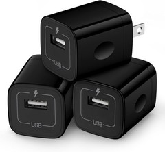 Wall Charger Cube 1A/5V Single Port USB Plug 3 Pack Travel Black Adapter Box