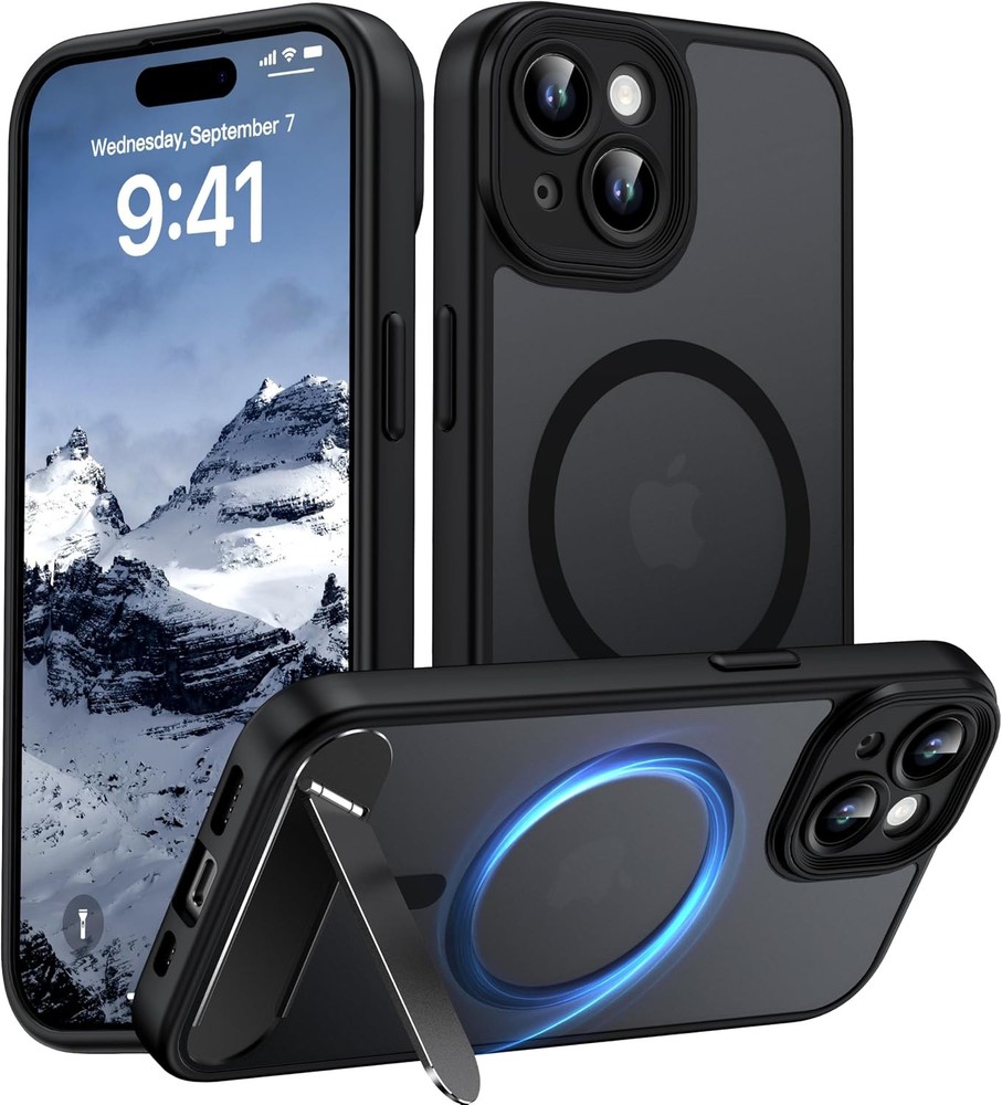 Translucent Matte Black Case for iPhone 15, Magnetic, Kickstand, Full Camera Pro