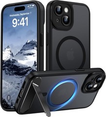 Translucent Matte Black Case for iPhone 15, Magnetic, Kickstand, Full Camera Pro