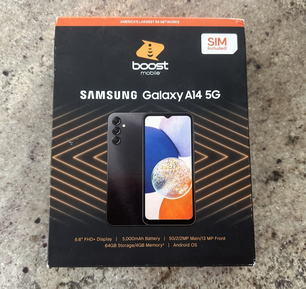 Boost Mobile Samsung A14 5G 64GB 6.6″ FHD+ Display Prepaid Smartphone Black New