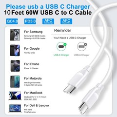 60W USB-C Fast Charging Cable 10FT, 2 Pack for iPhone 17 Pro Max