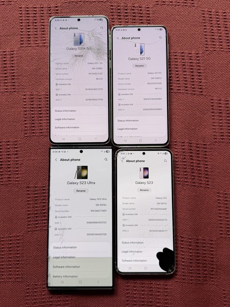4 Lot Samsung Galaxy S23 Ultra Unlocked, S23 AT&T S21+, S21 Cracked *For Parts*